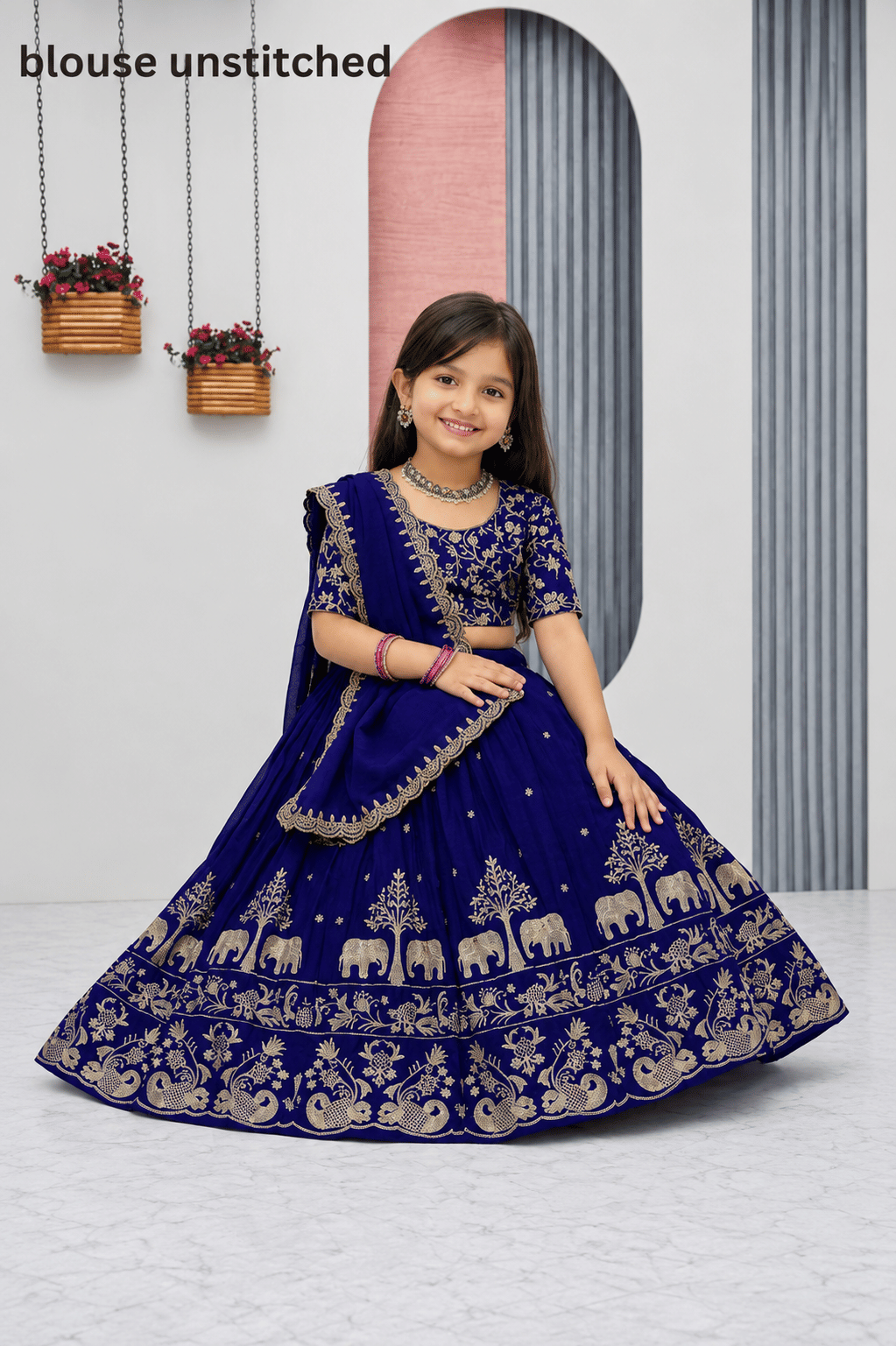 Silk Lehenga Choli Set For Girls ( Pack of 1 , Denim Blue ) - Image 3