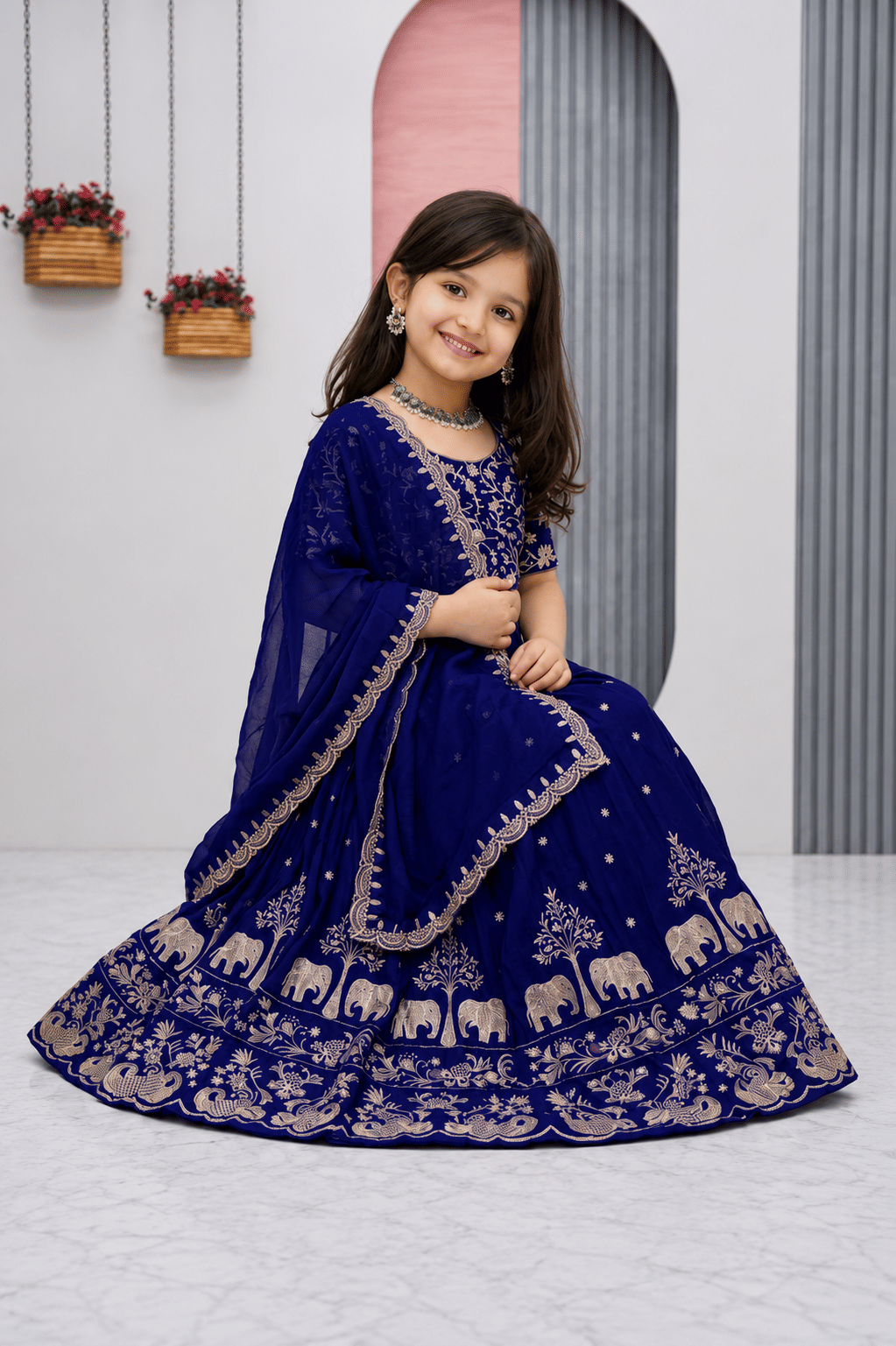 Silk Lehenga Choli Set For Girls ( Pack of 1 , Denim Blue ) - Image 4