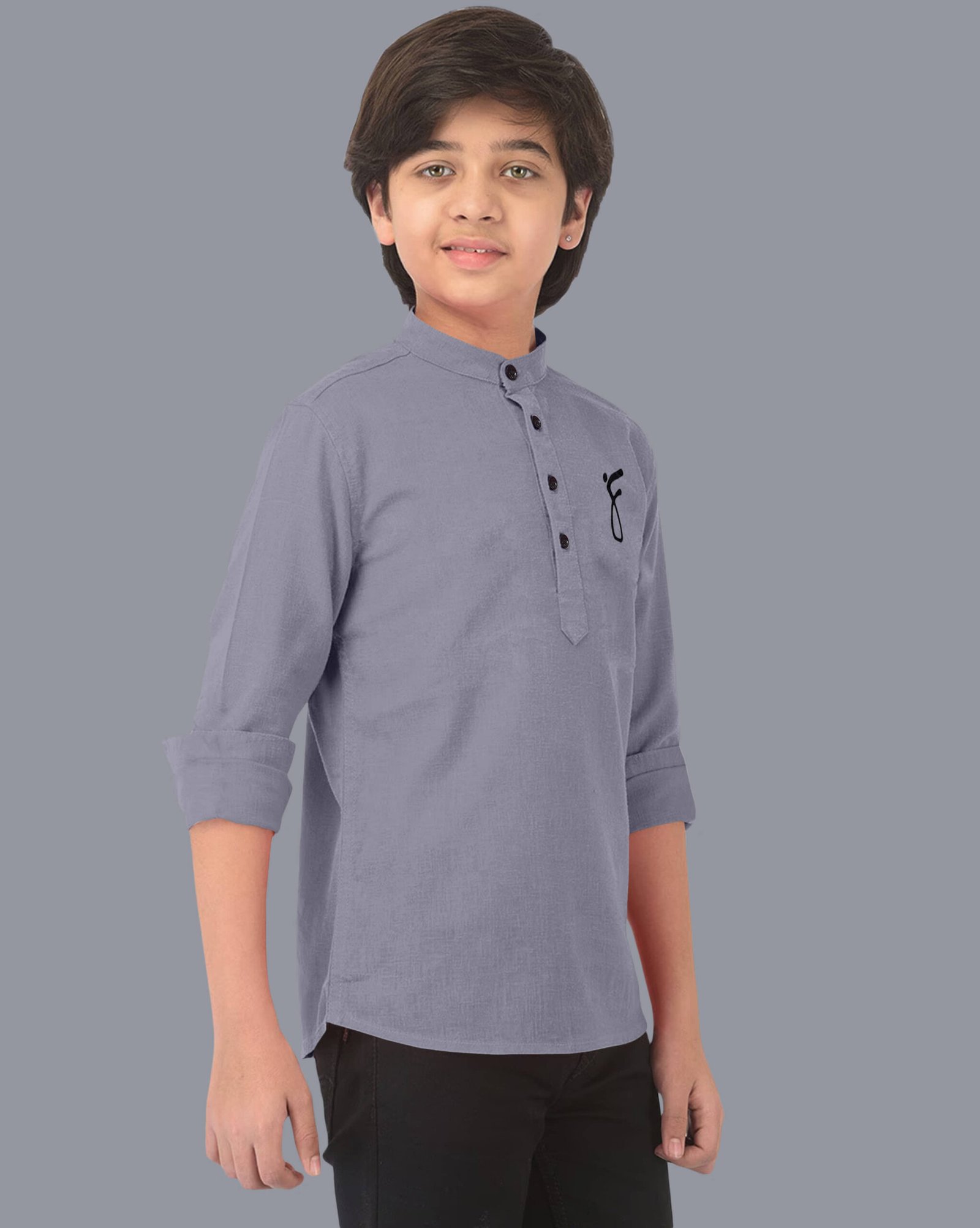 Ethnic Trendz Boys Cotton Blend Solid Pattern Kurta ( Grey , Pack of 1 ) - Image 3