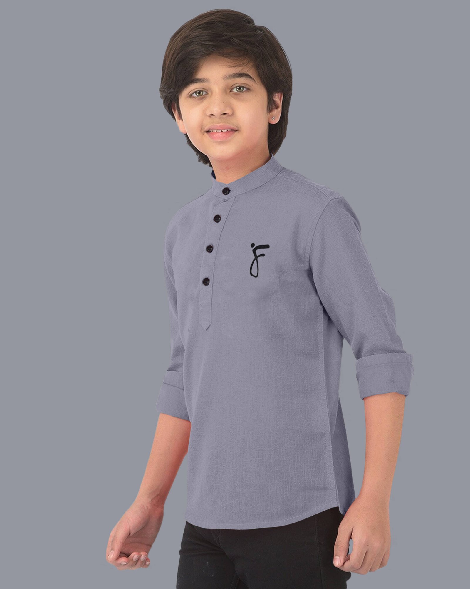 Ethnic Trendz Boys Cotton Blend Solid Pattern Kurta ( Grey , Pack of 1 ) - Image 4