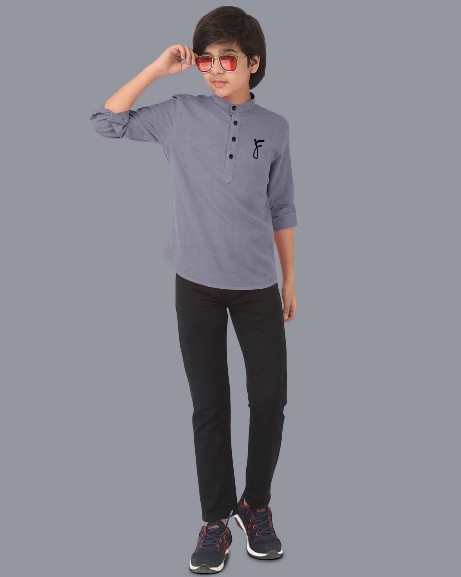 Ethnic Trendz Boys Cotton Blend Solid Pattern Kurta ( Grey , Pack of 1 ) - Image 5