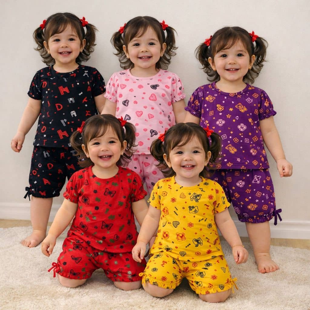 Ezeeslevees Girls Cotton T-shirt & Shorts Set ( Multicolor , Pack of 5 )