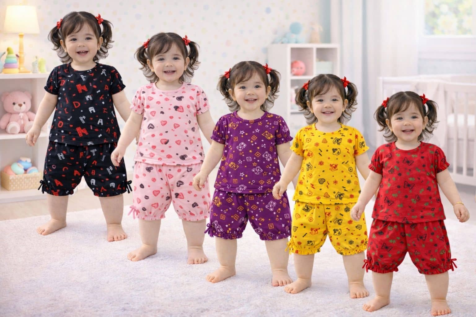 Ezeeslevees Girls Cotton T-shirt & Shorts Set ( Multicolor , Pack of 5 ) - Image 3