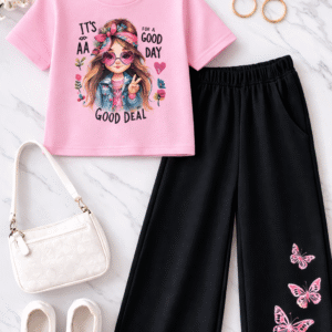 Girls Cotton Blend T-shirt & Pants Set ( Pink , Pack of 1 )