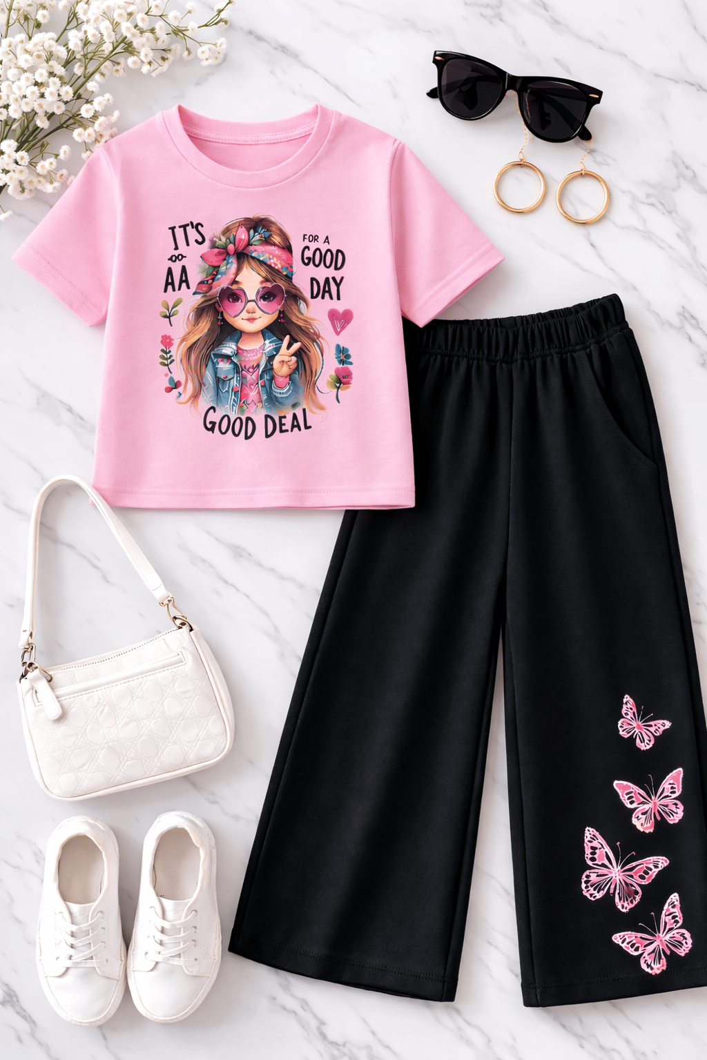 Girls Cotton Blend T-shirt & Pants Set ( Pink , Pack of 1 )
