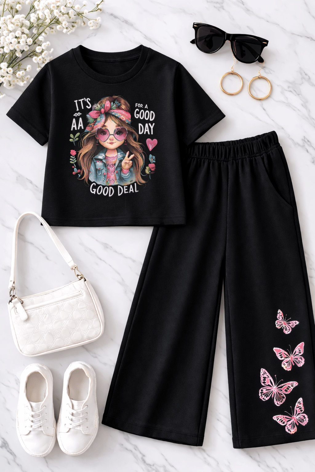 Girls Cotton Blend T-shirt & Pants Set ( Black , Pack of 1 )