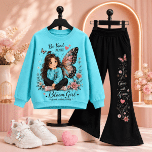 Girls Cotton Blend T-shirt & Pants Set ( Blue & Black , Pack of 1 )