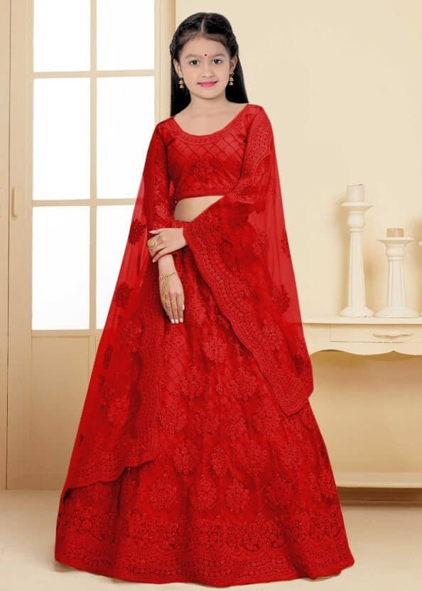 Net Lehenga Choli Set For Girls ( Pack of 1 , Red )