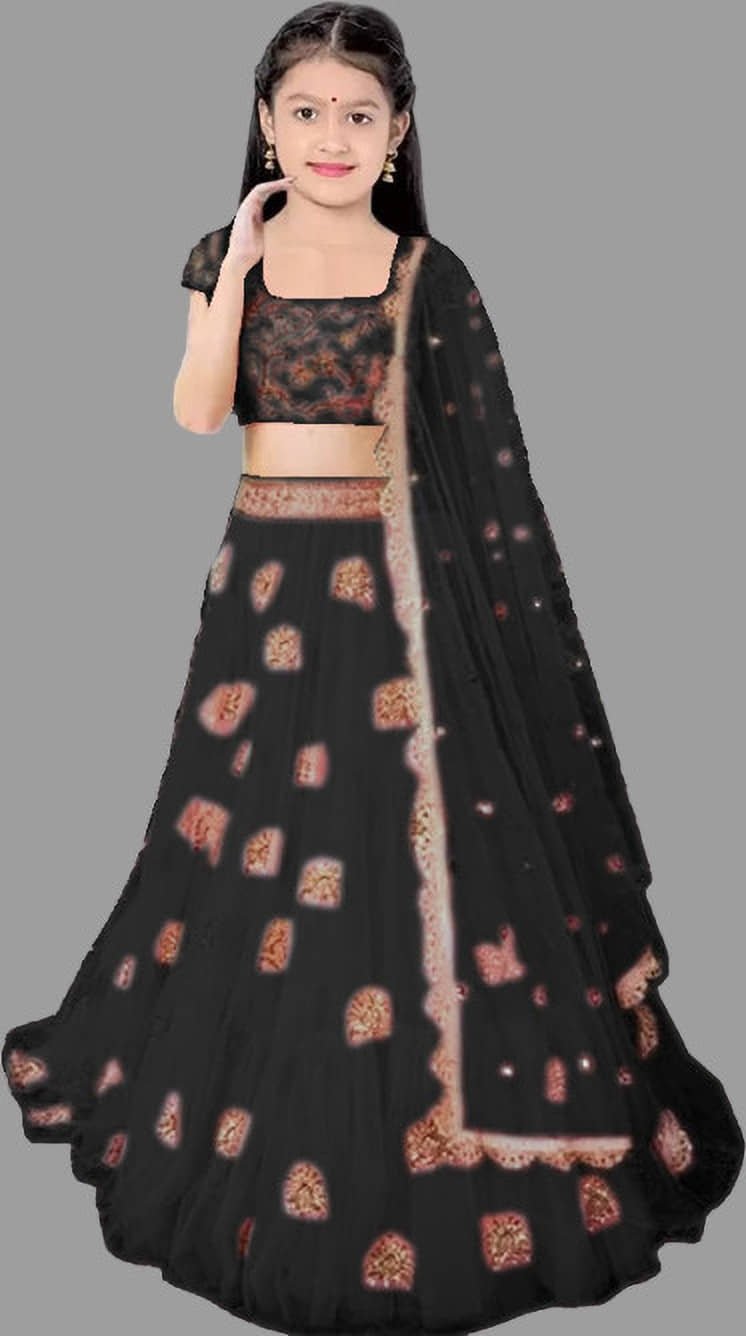 Net Lehenga Choli Set For Girls ( Pack of 1 , Black )
