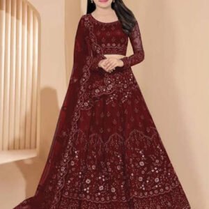 Net Lehenga Choli Set For Girls ( Pack of 1 , Maroon )