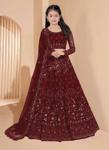 Net Lehenga Choli Set For Girls ( Pack of 1 , Maroon )