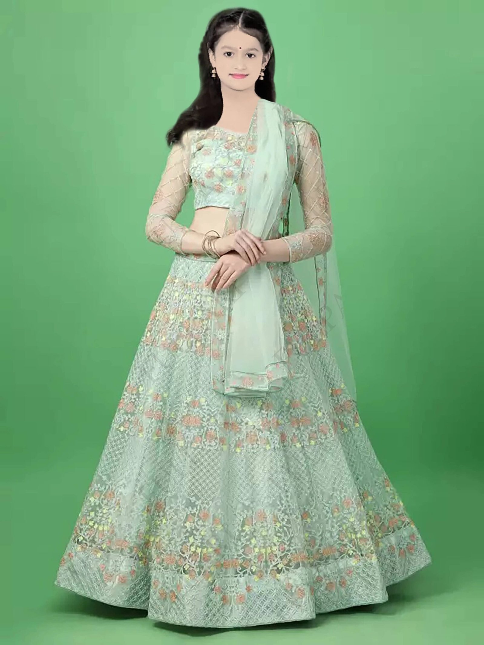 Net Lehenga Choli Set For Girls ( Pack of 1 , Light Green )