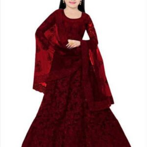 Net Lehenga Choli Set For Girls ( Pack of 1 , Maroon )