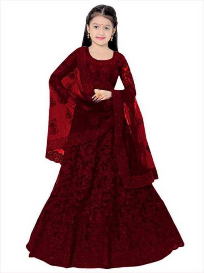Net Lehenga Choli Set For Girls ( Pack of 1 , Maroon )