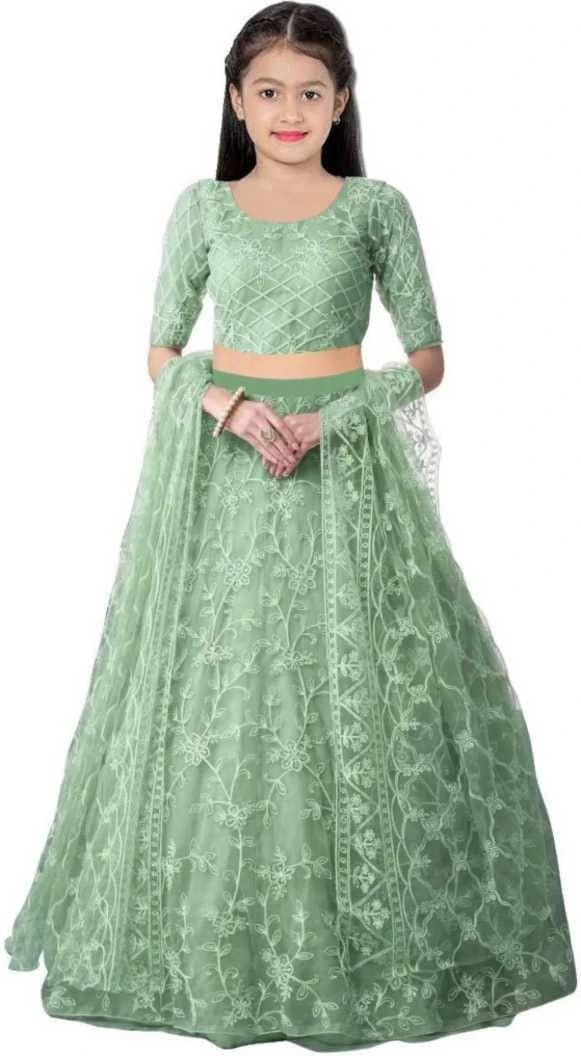 Net Lehenga Choli Set For Girls ( Pack of 1 , Green )