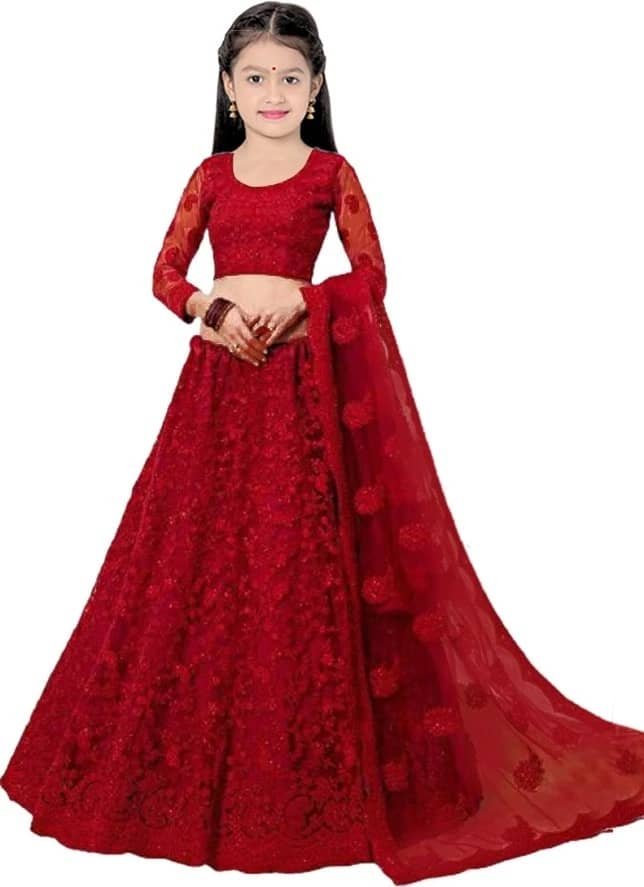 Net Lehenga Choli Set For Girls ( Pack of 1 , Red )