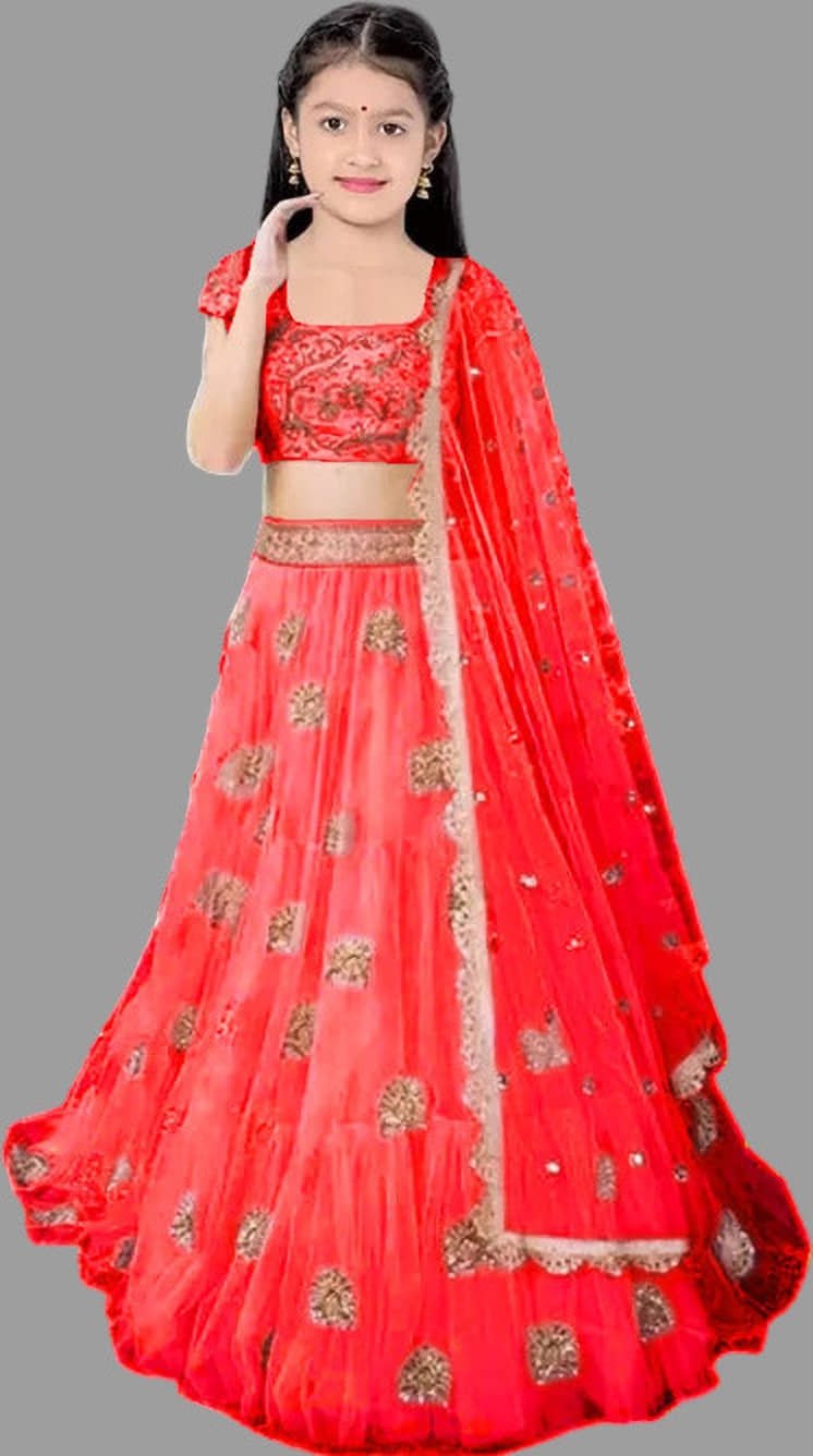 Net Lehenga Choli Set For Girls ( Pack of 1 , Red )