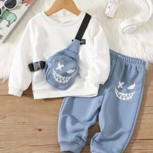 Fahad Boys Cotton Blend T-Shirt & Pants Set ( White , Pack of 1 )