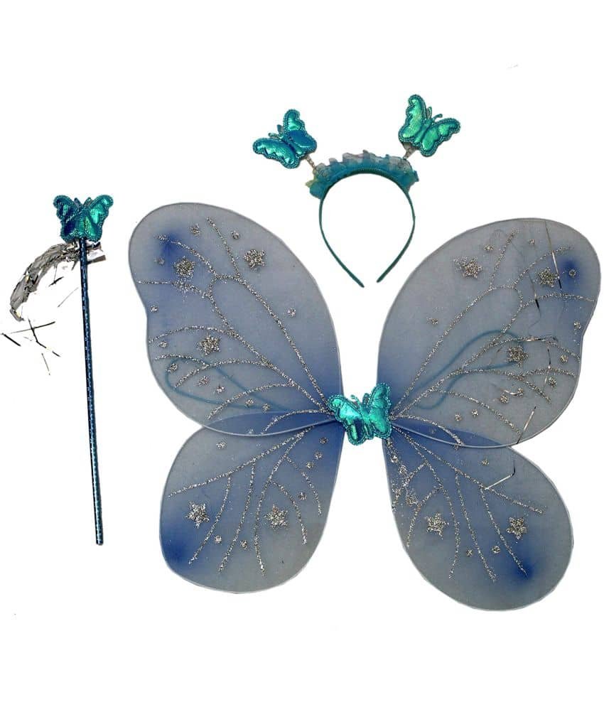 Firozi Butterfly Wings With Hairband & Wand For Girls Birthday - Freesize, 1pc