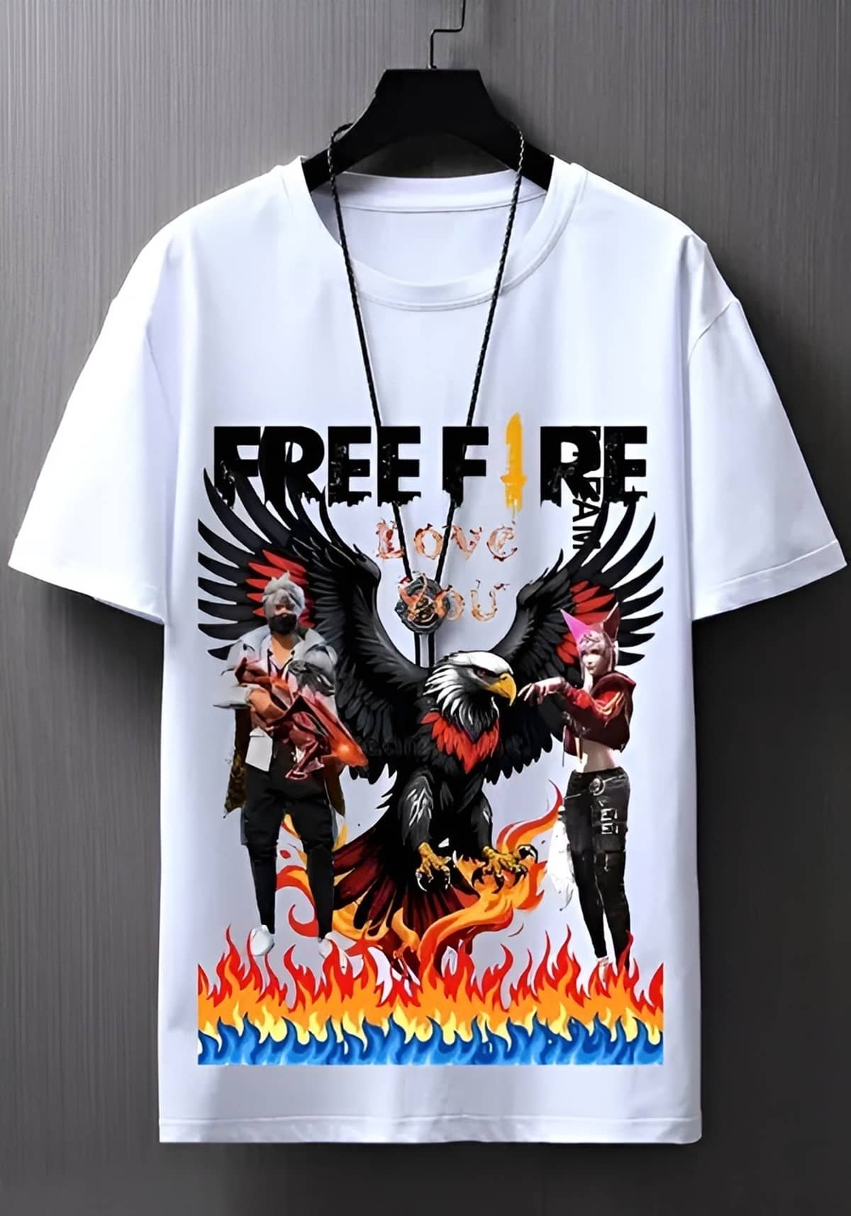 Boys Anime Free Fire Round Neck White Polyester Half Sleeves Tshirt