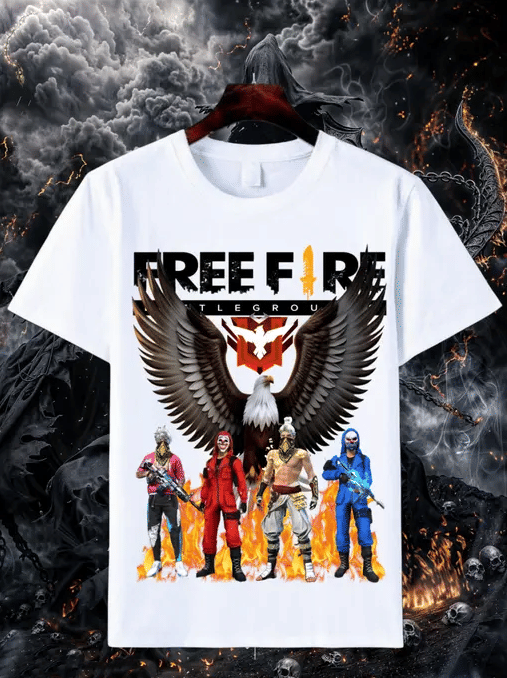 Boys Anime Free Fire Round Neck White Polyester Half Sleeves Tshirt