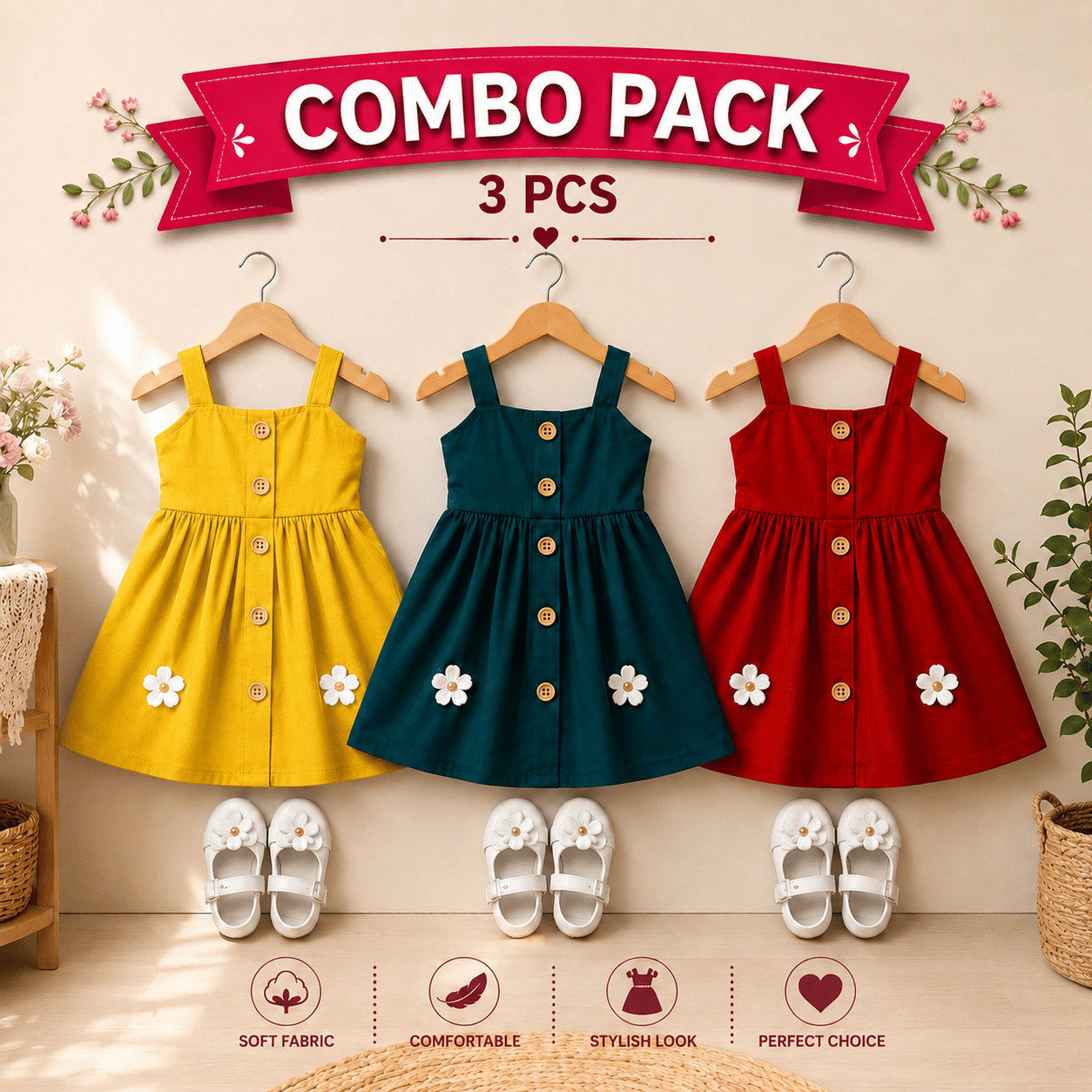 Cotton Blend Frock For Baby Girls ( Pack of 3 , Multicolor )