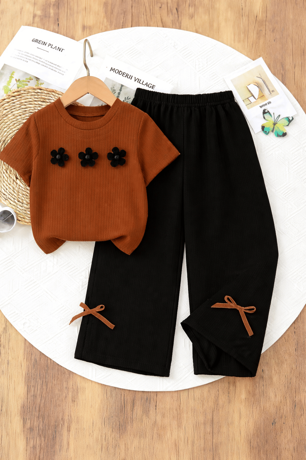 Girls Cotton Blend Top & Pant Set ( Brown , Pack of 1 )