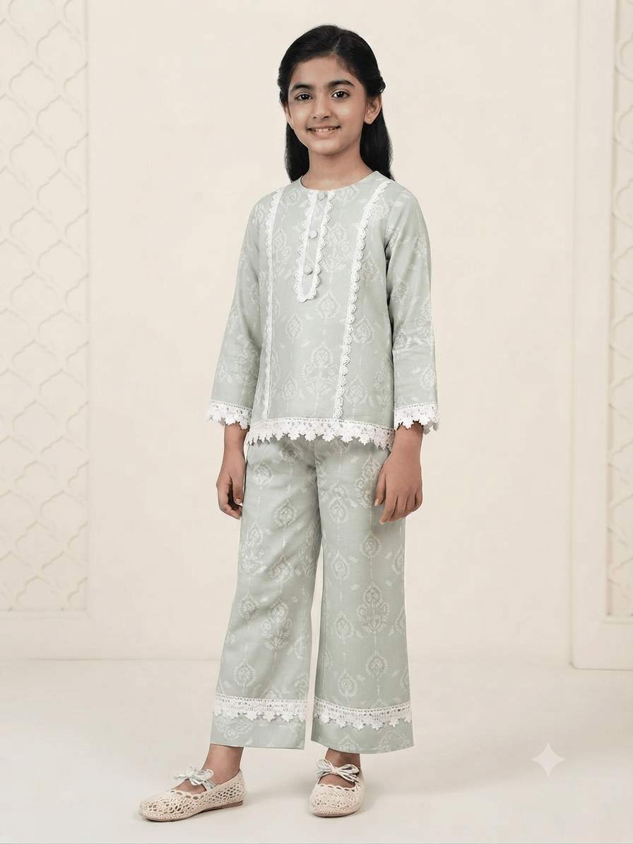Ganesh Collection Girls Cotton Blend Kurti with Palazzo ( Pack of 1 , Mint Green ) - Image 4