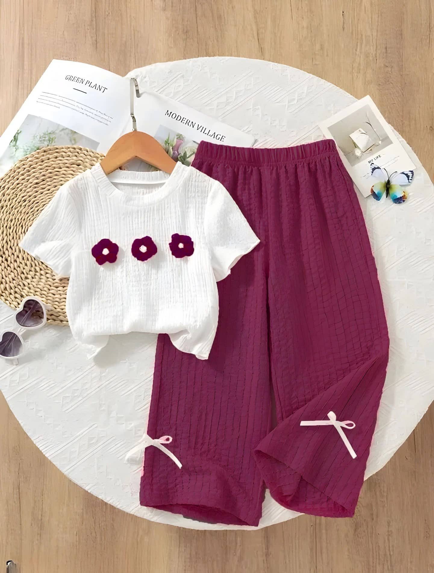 Ganesh Collection Girls Cotton Blend T-shirt & Pants Set ( Maroon , Pack of 1 )