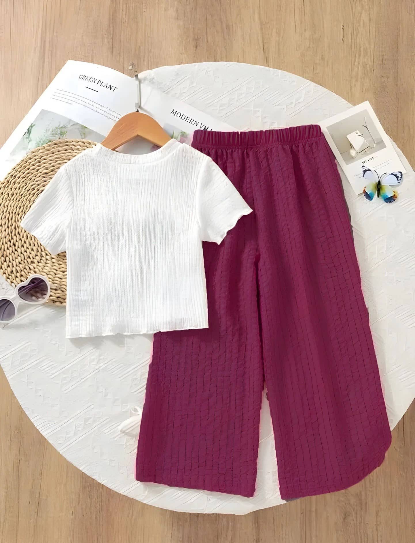 Ganesh Collection Girls Cotton Blend T-shirt & Pants Set ( Maroon , Pack of 1 ) - Image 2