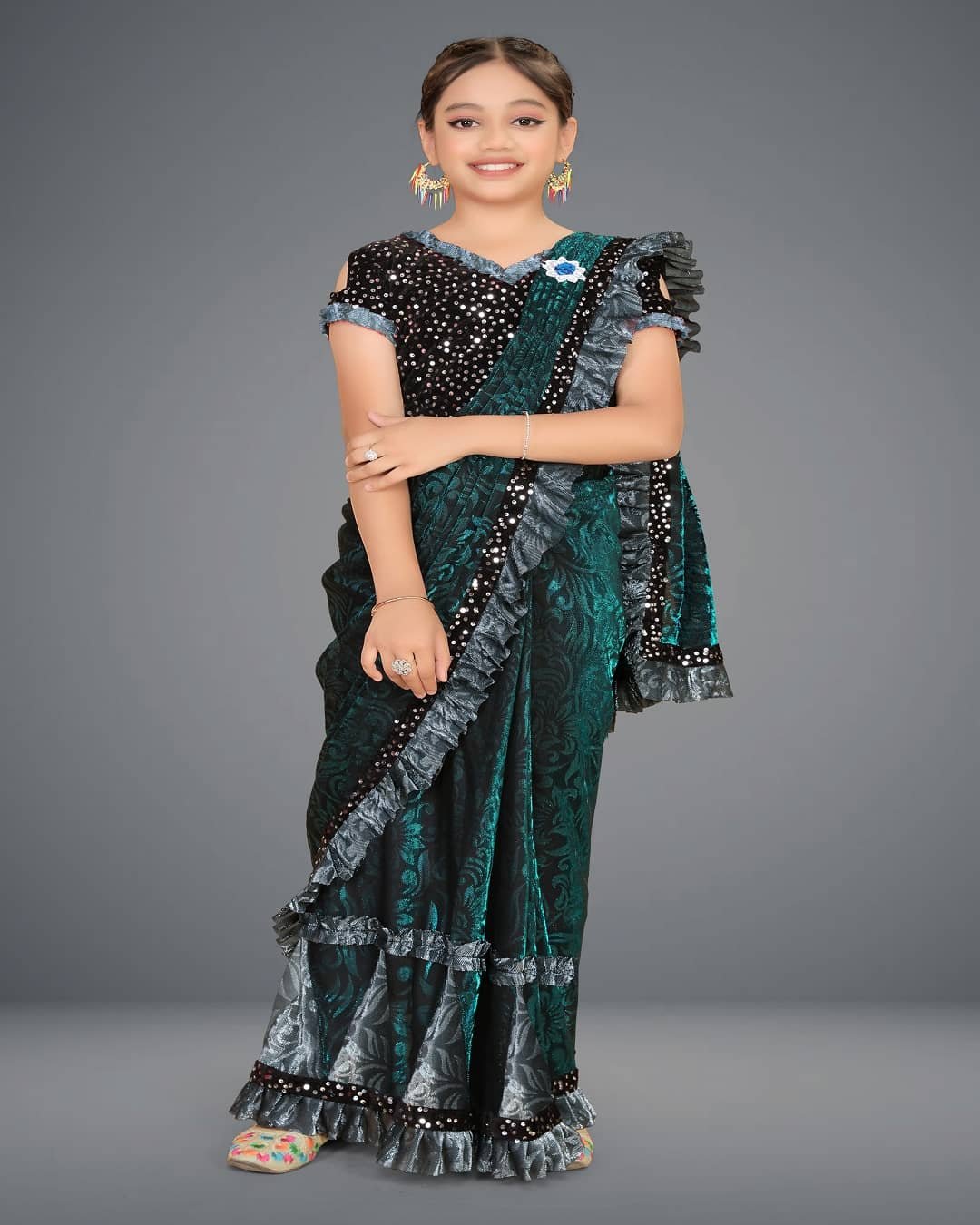 Lycra Saree For Girls ( Green , Pack of 1 )