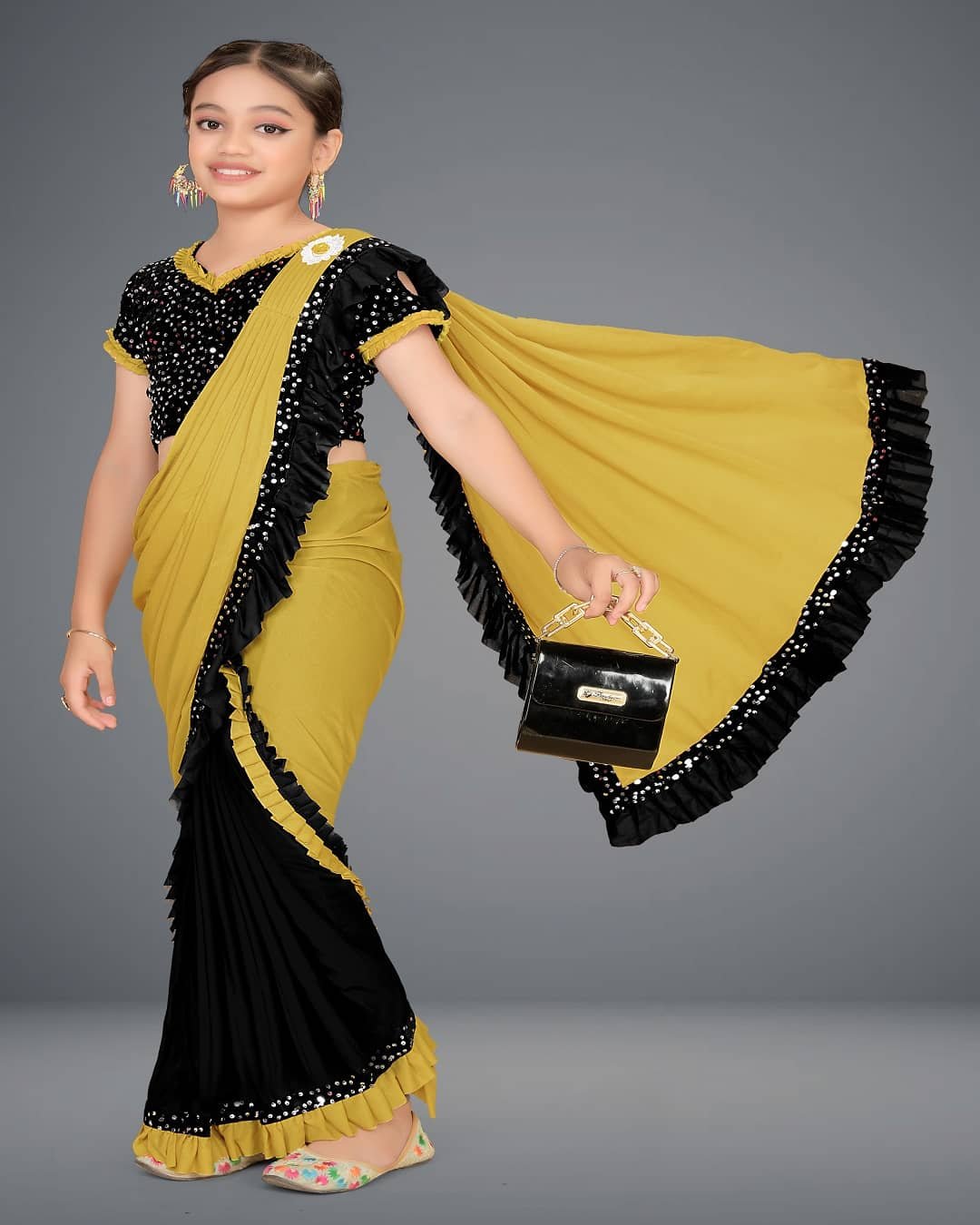 Lycra Saree For Girls ( Mustard , Pack of 1 )