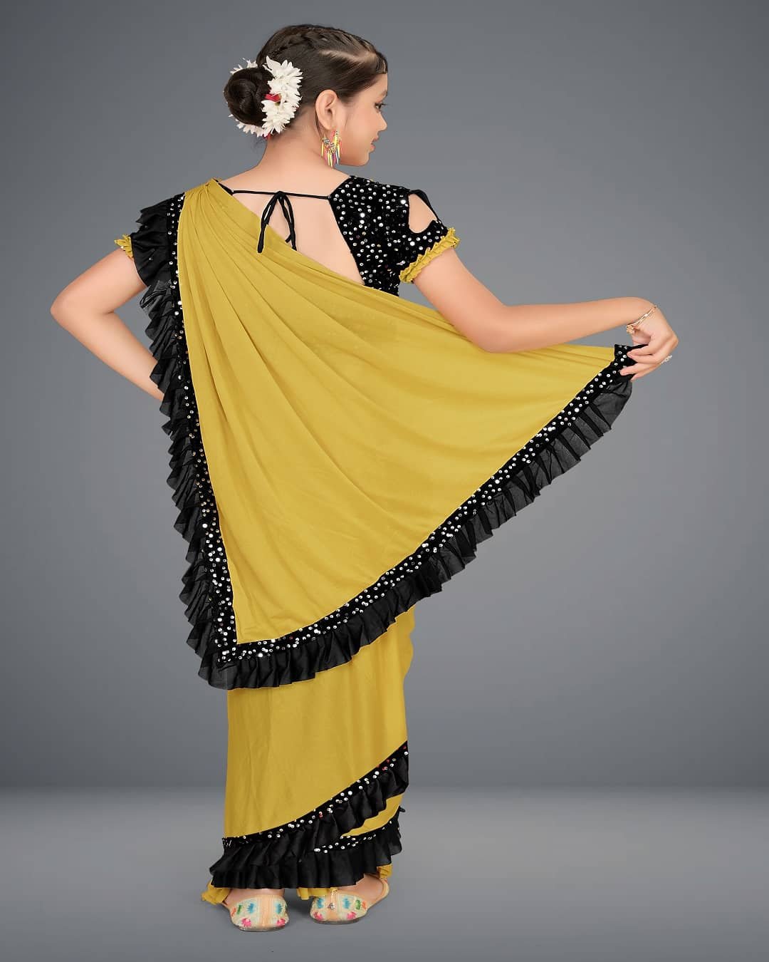 Lycra Saree For Girls ( Mustard , Pack of 1 ) - Image 3