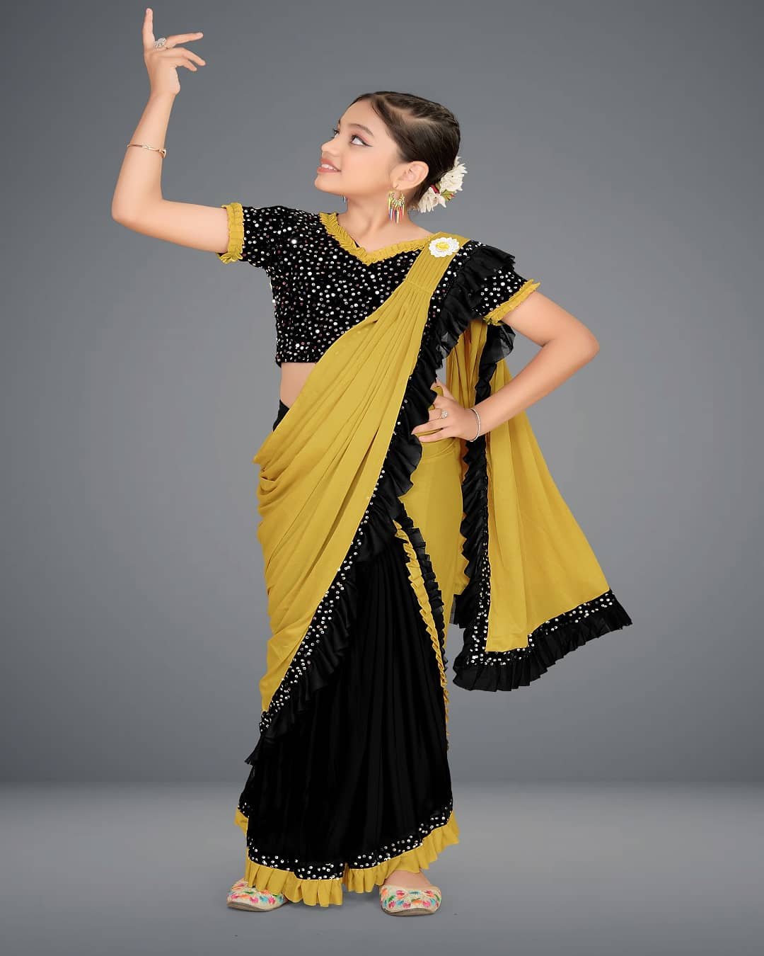 Lycra Saree For Girls ( Mustard , Pack of 1 ) - Image 4