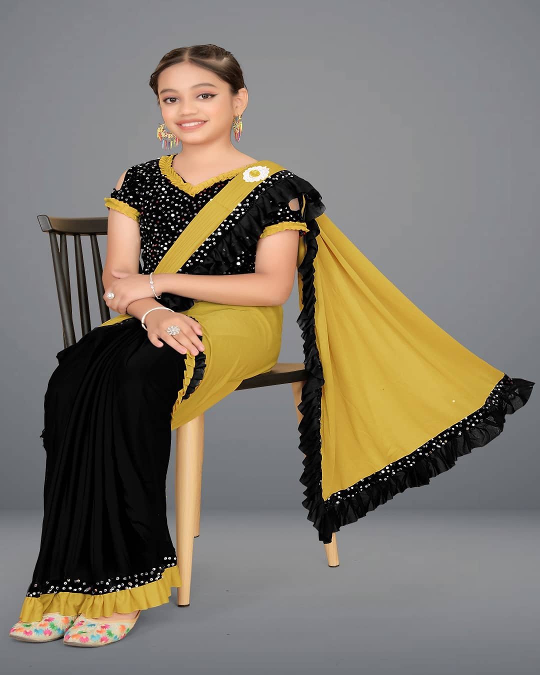 Lycra Saree For Girls ( Mustard , Pack of 1 ) - Image 5