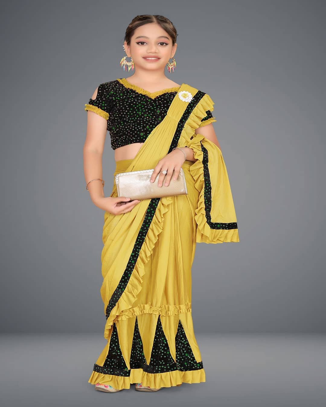 Lycra Saree For Girls ( Mustard , Pack of 1 )