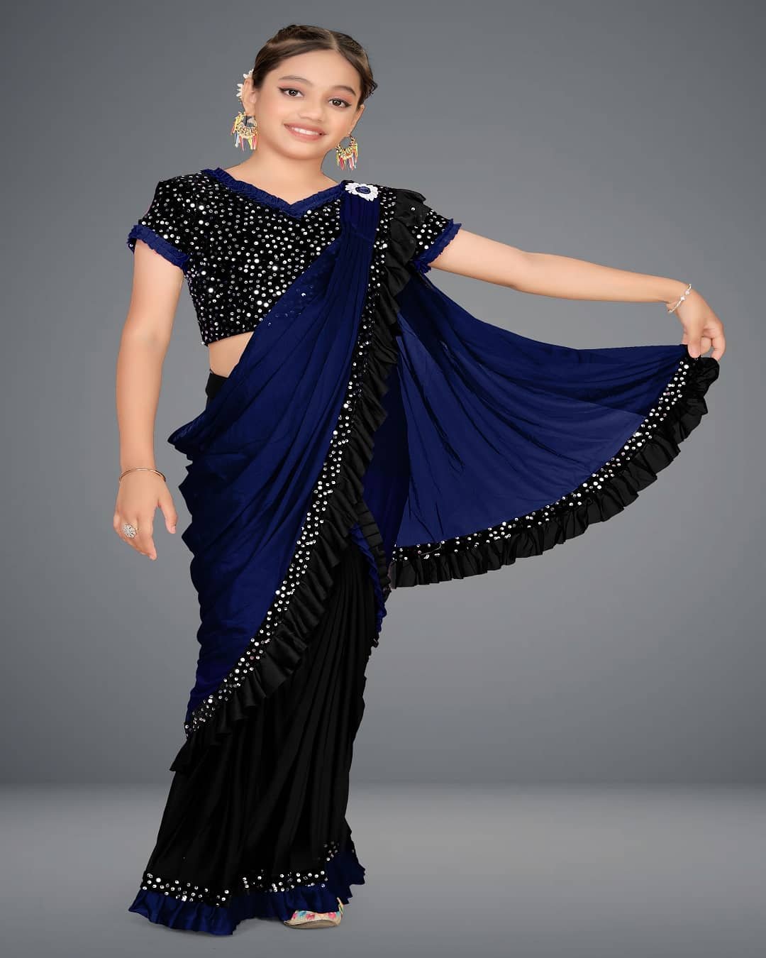 Lycra Saree For Girls ( Navy Blue , Pack of 1 )