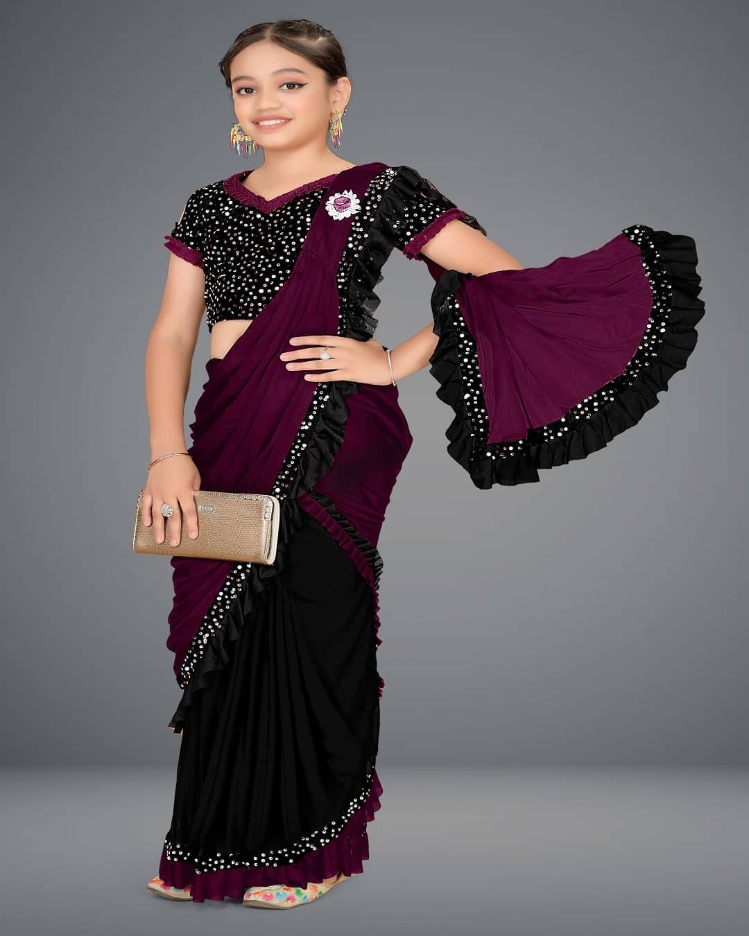Lycra Classic Saree For Girls ( Wine , Pack of 1 ) - Image 2