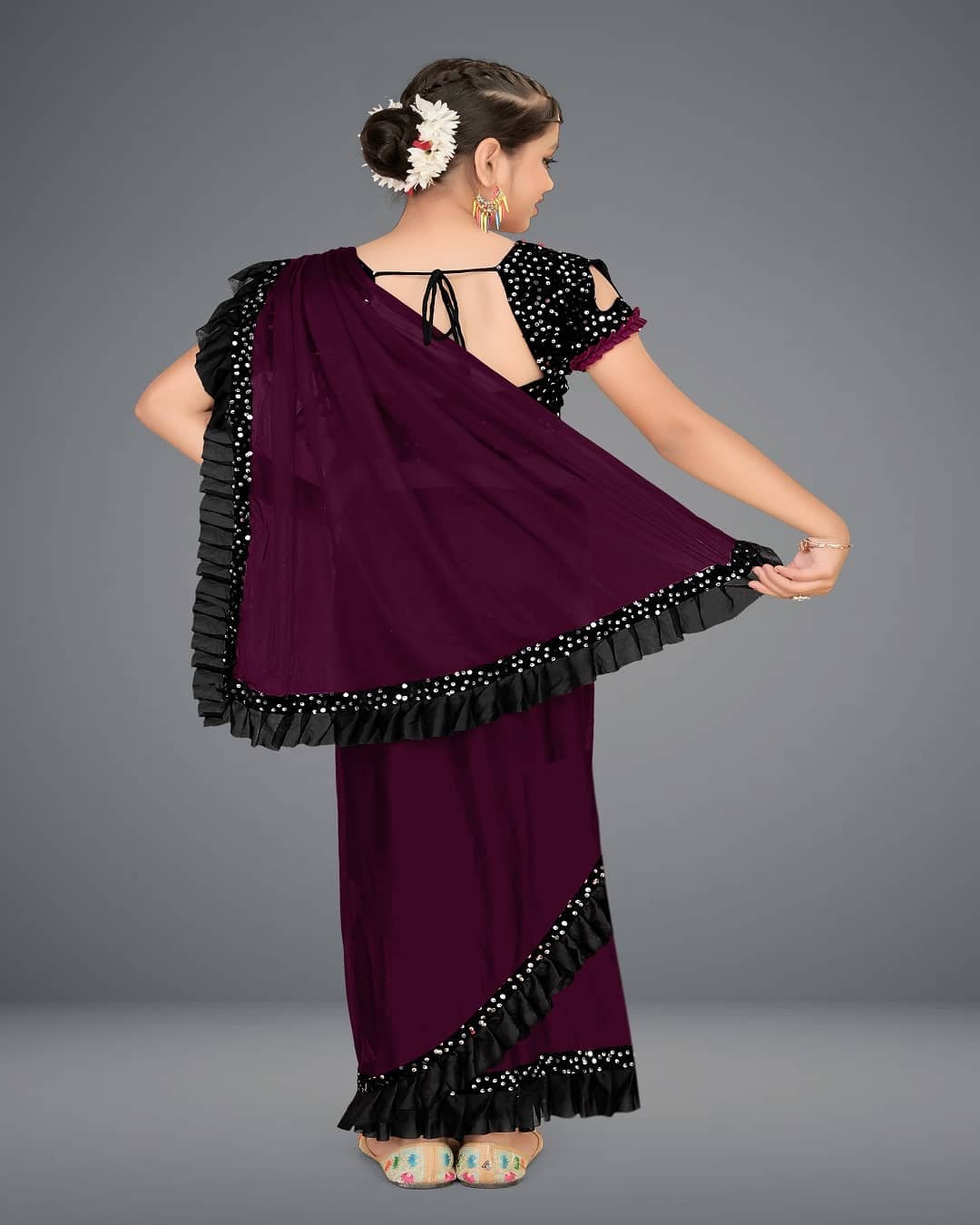 Lycra Classic Saree For Girls ( Wine , Pack of 1 ) - Image 3