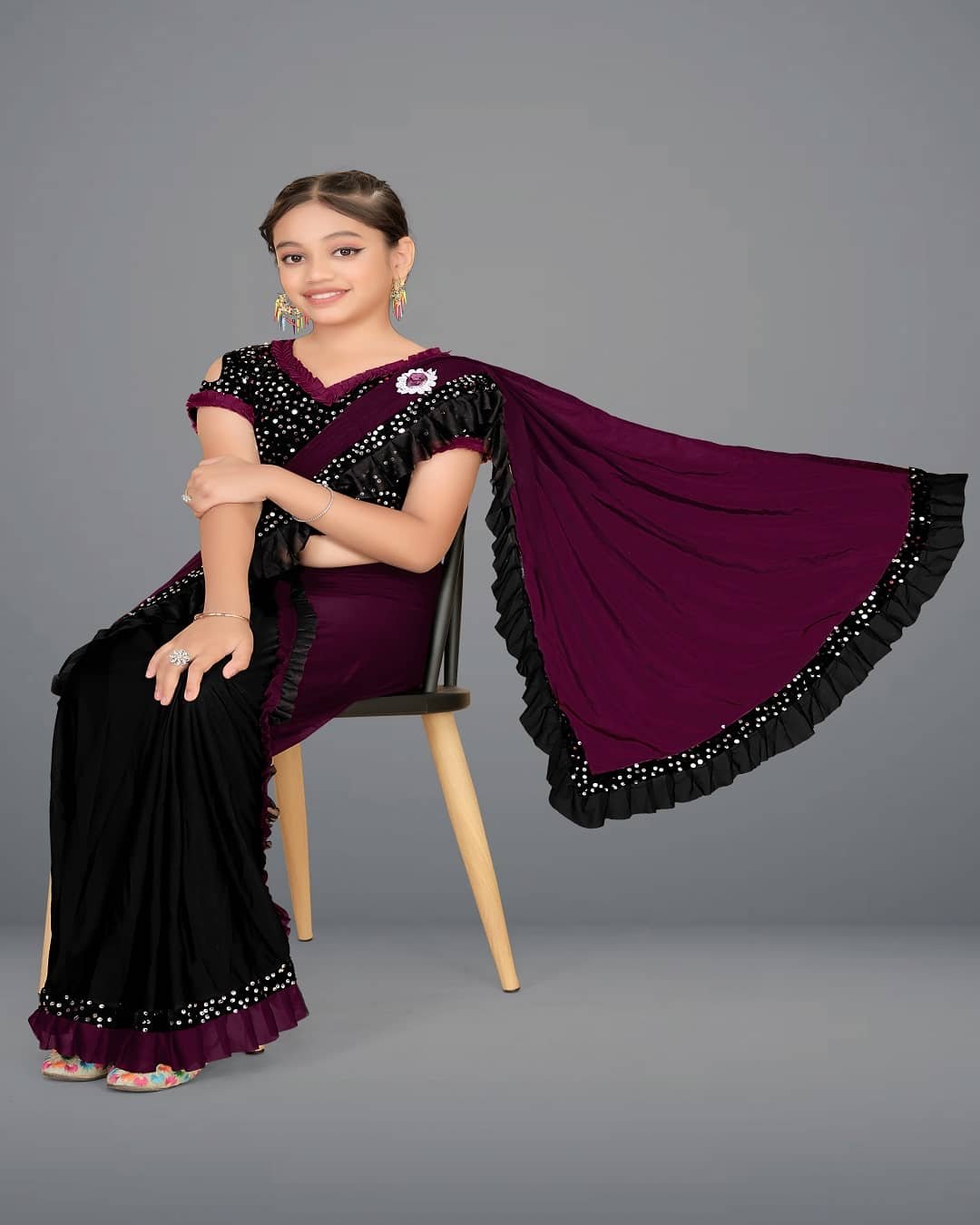 Lycra Classic Saree For Girls ( Wine , Pack of 1 ) - Image 4