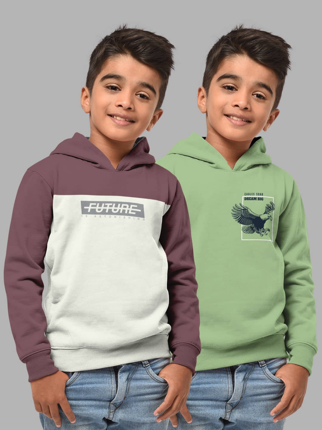 Boys Regular Fit Fulsleeve Hooded Sweatshirt with Rib - Combo Pack of 2 - Light Green_Taupe