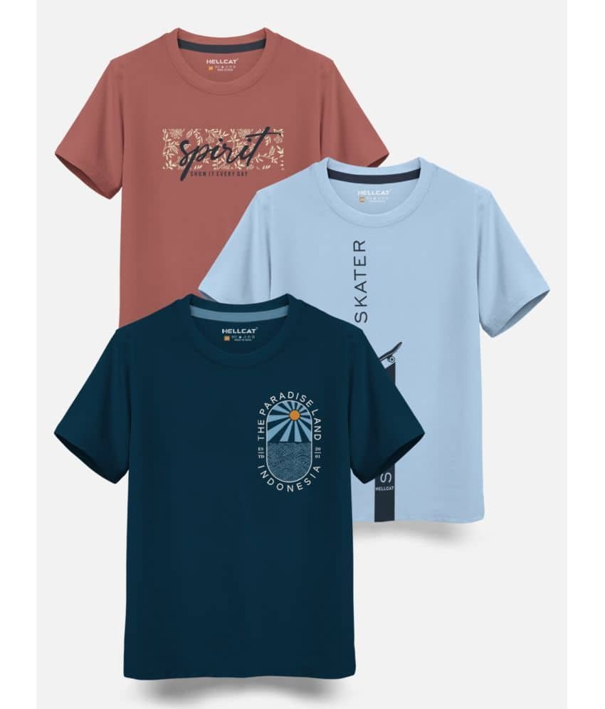 Trendy Typographic Printed Cotton Blend Regular Fit Half Sleeve T-Shirt for Boys - Pack of 3_ Petrol Blue & Sky Blue & Brick_