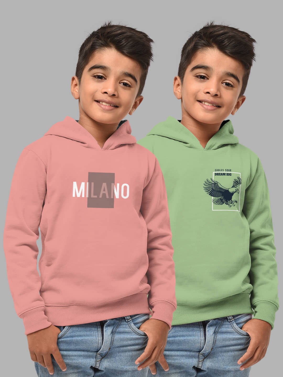 Boys Regular Fit Fulsleeve Hooded Sweatshirt with Rib - Combo Pack of 2 - Onion_Light Green