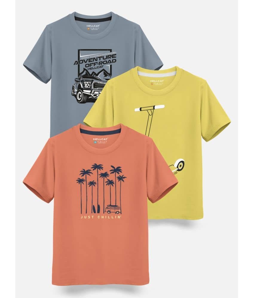 Trendy Typographic Printed Cotton Blend Half Sleeve Regular Fit T-Shirt For Boys - Pack Of 3_ Saffron & Toddler Yellow & Bluish Grey_