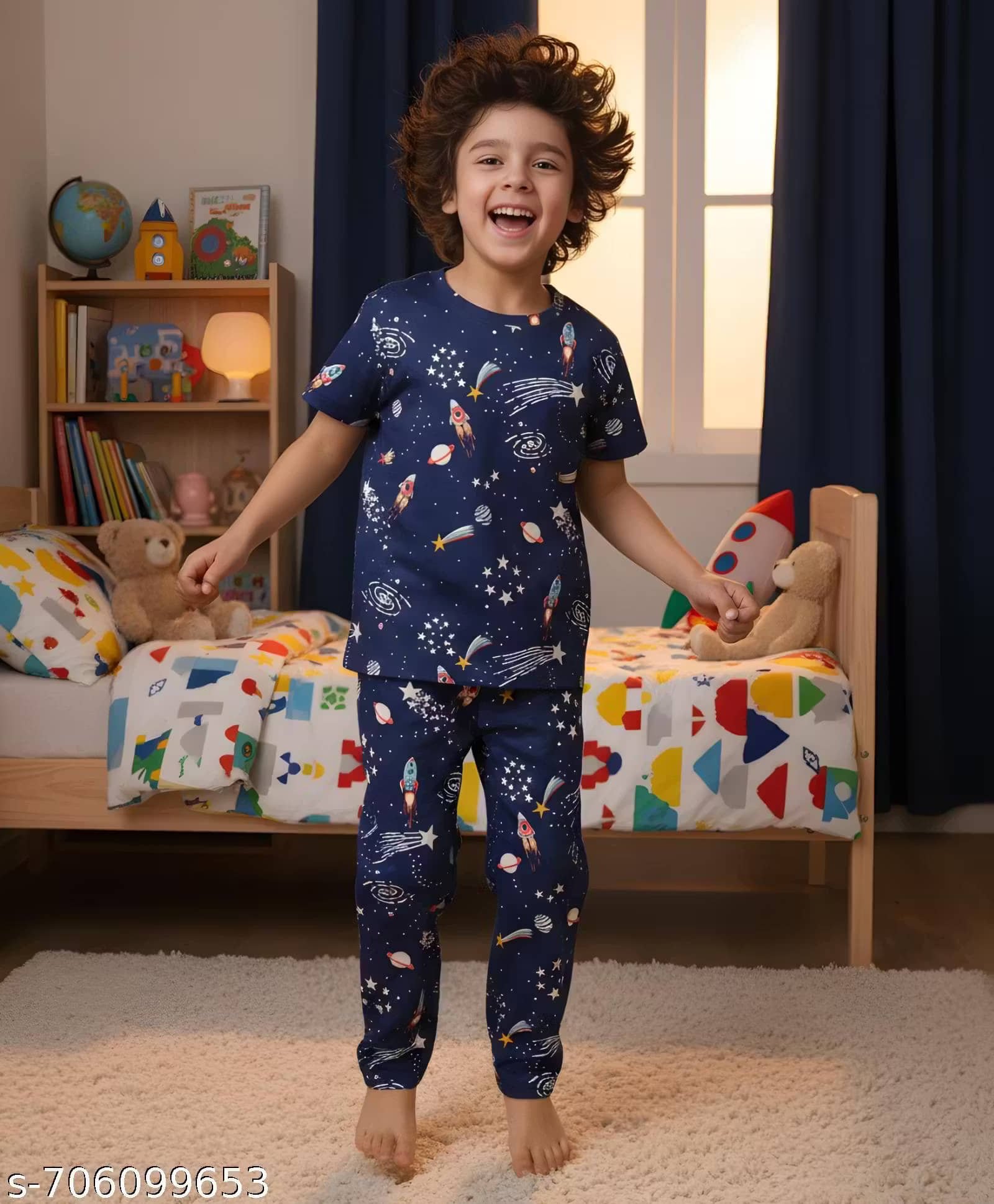 Heticlex Pack of 1 Boys Cotton Blend Nightsuit Set ( Navy Blue )