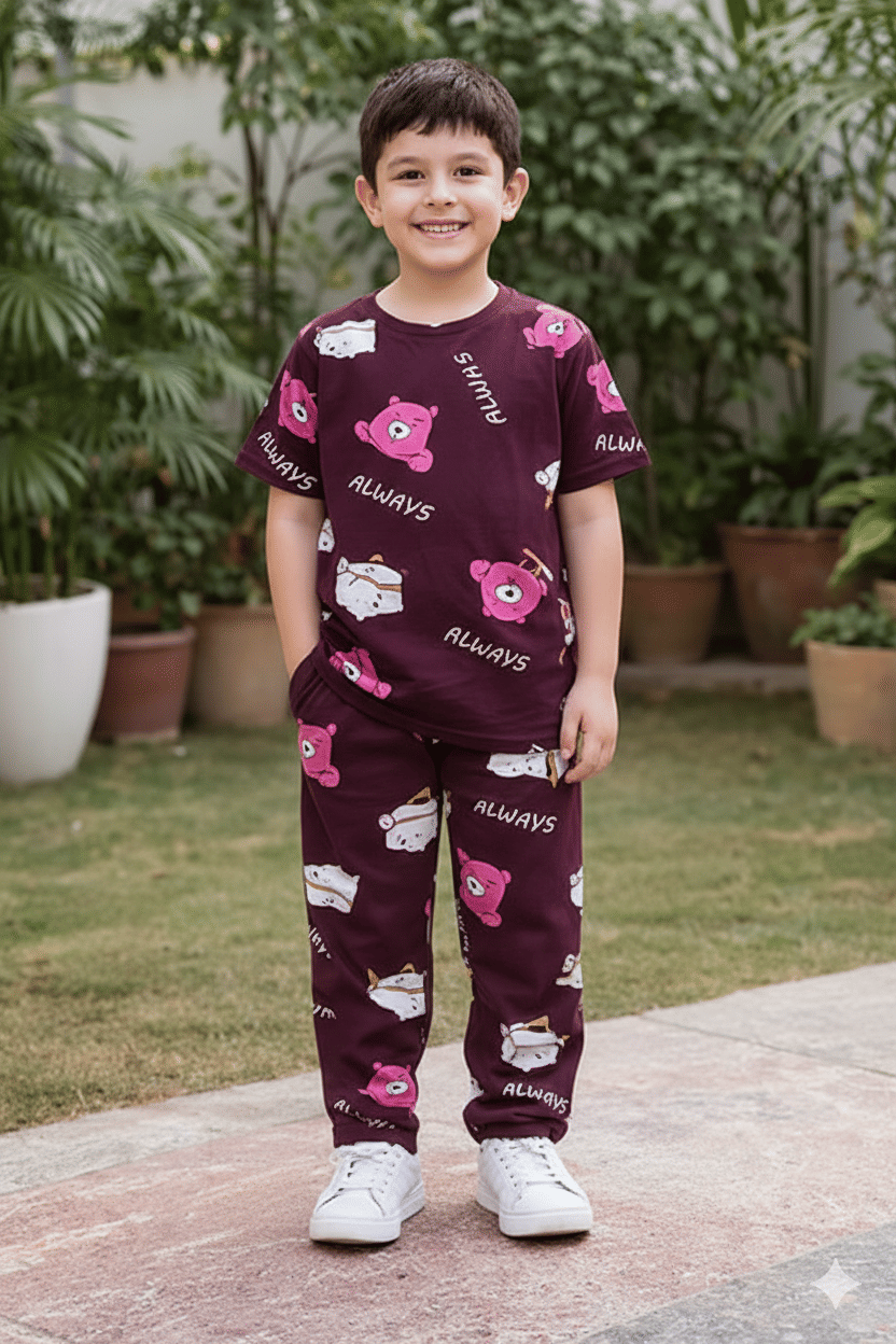 Heticlex Pack of 1 Boys Cotton Blend Nightsuit Set ( Maroon )