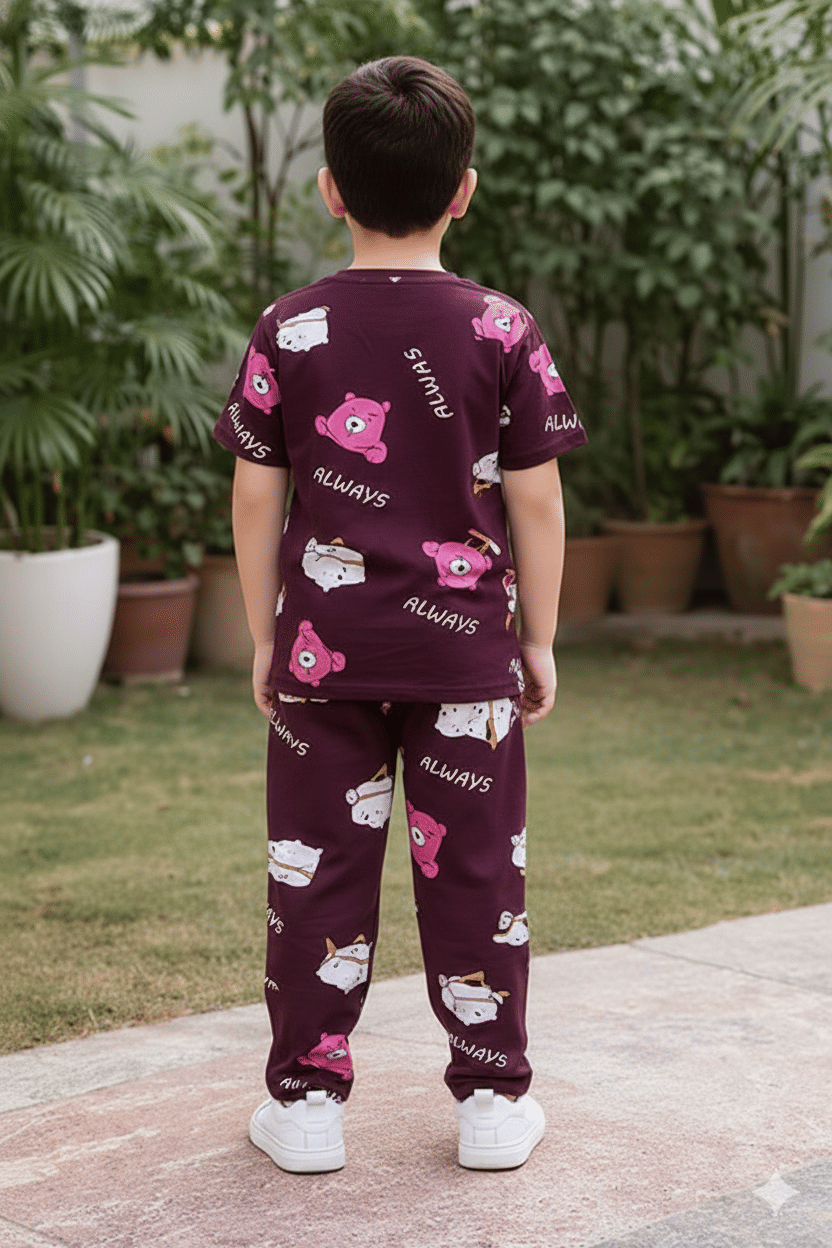Heticlex Pack of 1 Boys Cotton Blend Nightsuit Set ( Maroon ) - Image 2