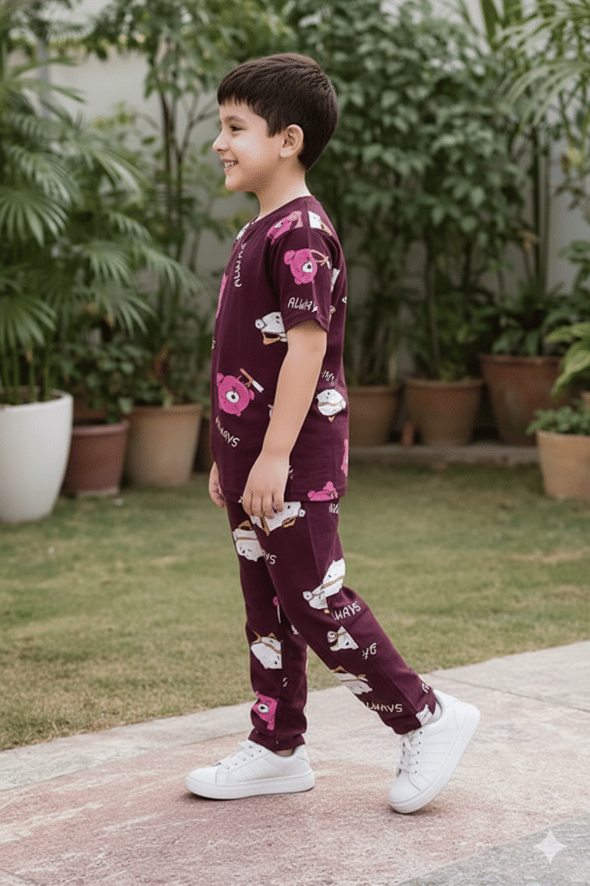 Heticlex Pack of 1 Boys Cotton Blend Nightsuit Set ( Maroon ) - Image 3