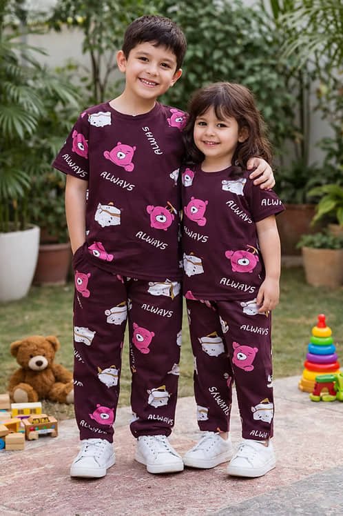 Heticlex Pack of 1 Boys Cotton Blend Nightsuit Set ( Maroon ) - Image 4