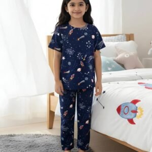 Heticlex Pack of 1 Girls Cotton Blend Nightsuit Set ( Navy Blue )